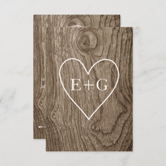 Herz mit Initialen Holz Korn rustikale Hochzeit RS RSVP Karte (Vorne/Hinten)