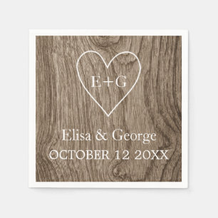Herz mit Initialen Holzkorn rustikale Hochzeit Serviette