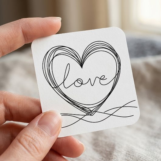 Herz mit "Liebe" in Continuous Line Art Quadratischer Aufkleber
