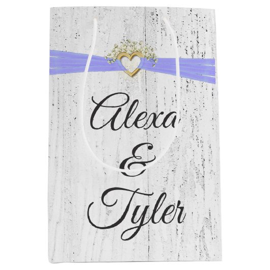 Herz mit Lila Band auf weißem Holz Mittlere Geschenktüte (Vorderseite)