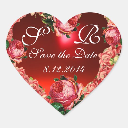 HERZ MIT PINK ROSES SAVE THE DATE MONOGRAMM Herz-Aufkleber (Vorderseite)