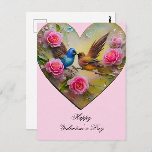Herz mit rosa Blume und Vögeln Valentine Postkarte (Vorne/Hinten)