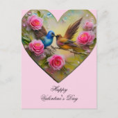 Herz mit rosa Blume und Vögeln Valentine Postkarte (Vorderseite)