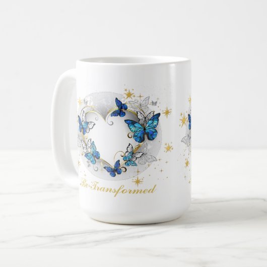 Herz mit Schmetterlingen Morpho Kaffeetasse (Vorderseite Links)