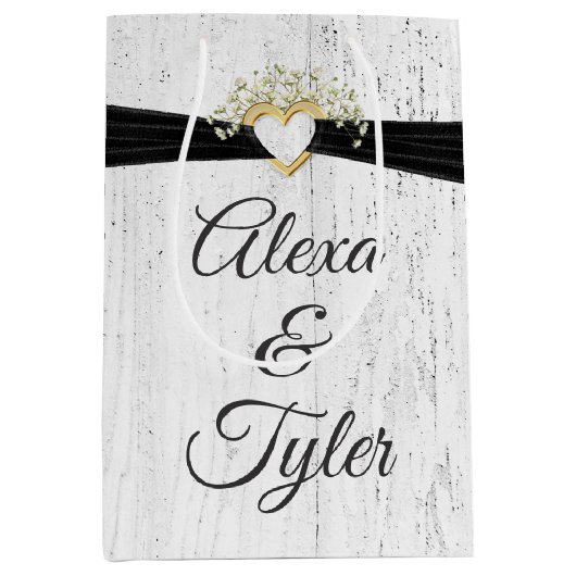 Herz mit schwarzem Band auf weißem Holz Mittlere Geschenktüte (Vorderseite)