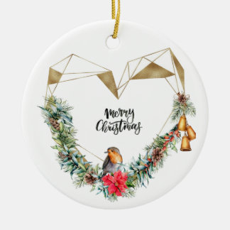 Herz mit Wreath & Robin Keramik Ornament