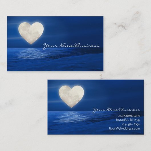Herz Moon über Wasser mit schneebedecktem Strand Visitenkarte (Vorne/Hinten)