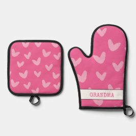 Herz Muster Pink Sweet Liebe Artisan GRANDMA Ofenhandschuh & Topflappen-Set