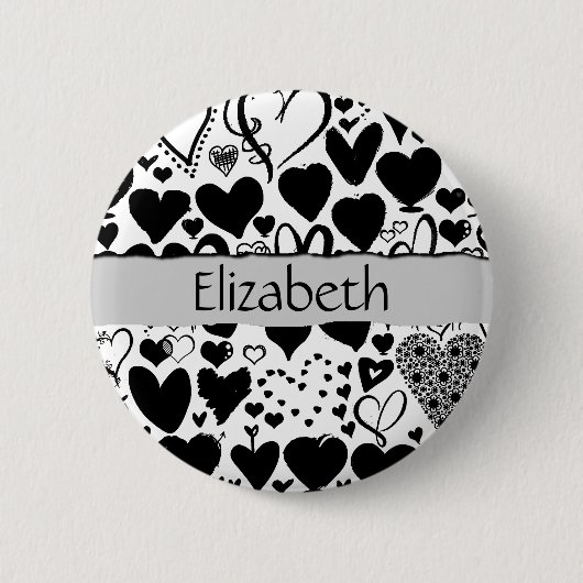 Herz-Muster, schwarze Herzen, Ihr Name Button (Vorderseite)