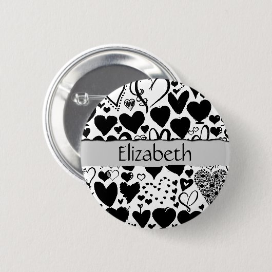 Herz-Muster, schwarze Herzen, Ihr Name Button (Vorne & Hinten)