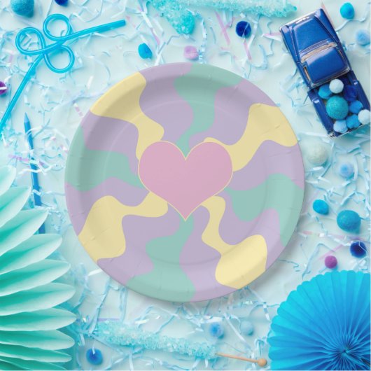 Herz - Pastellrosa, gelb, Lila und grün Pappteller (Party)