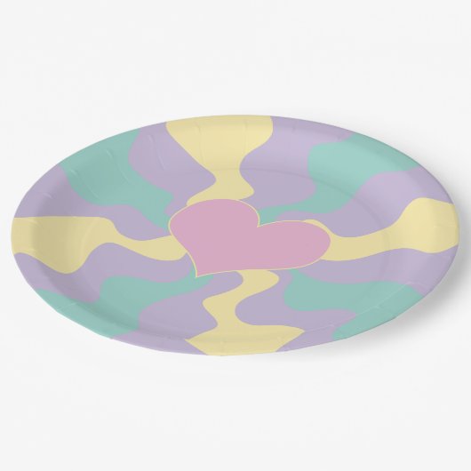 Herz - Pastellrosa, gelb, Lila und grün Pappteller (Schrägansicht)