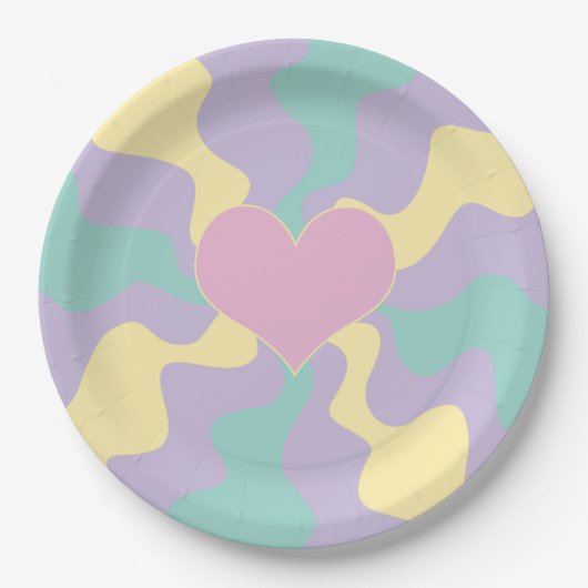 Herz - Pastellrosa, gelb, Lila und grün Pappteller (Vorderseite)