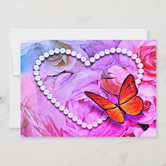 Herz-Perlen, rosa Rosen, Schmetterlinge Rett Datum Save The Date (Rückseite)