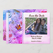 Herz-Perlen, rosa Rosen, Schmetterlinge Rett Datum Save The Date (Vorne/Hinten)