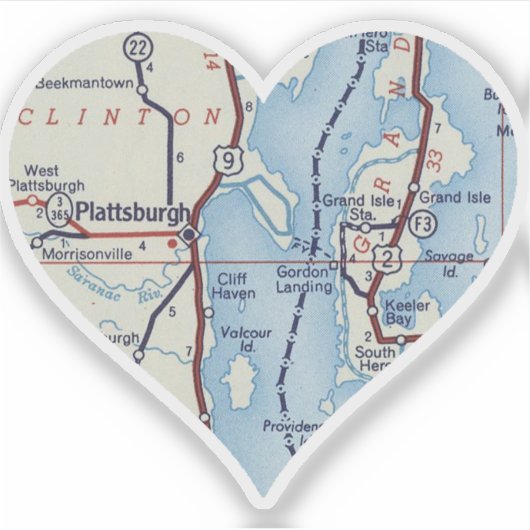 Herz Plattsburgh NY Vintage Karte Aufkleber (Vorderseite)