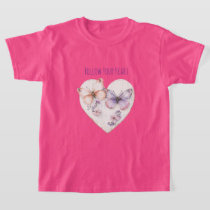 Herz Rosa Lila Schmetterlinge & Blumen T-Shirt