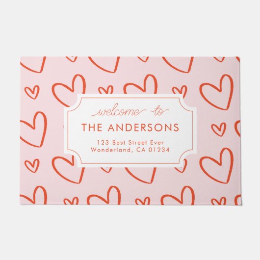 Herz - rosa und rote Familienadresse Fußmatte (Vorderseite)
