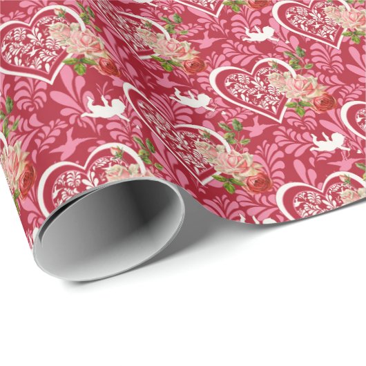 Herz-Rose-Cupid Geschenkpapier (Rolleneckpunkt)