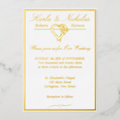 Herz & Rose, elegante Weiße Hochzeit, Gold Vollpen Folieneinladung (Vorderseite)