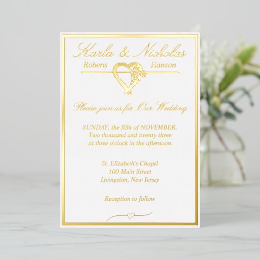 Herz & Rose, elegante Weiße Hochzeit, Gold Vollpen Folieneinladung (Stehend vorne)