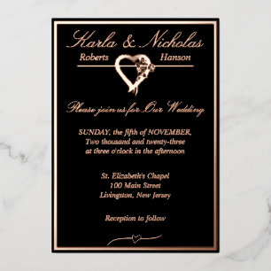 Herz & Rose, Schwarze Hochzeit, Rose Gold Vollvers Folieneinladung