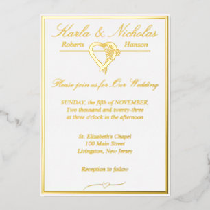 Herz & Rosen, Elegante weiße Hochzeit, Gold Voll Folieneinladung