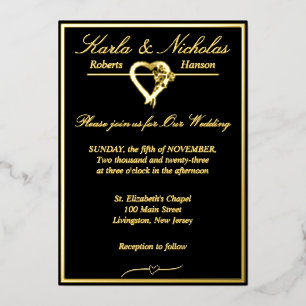 Herz & Rosen, formelle schwarze Hochzeit, Gold vol Folieneinladung