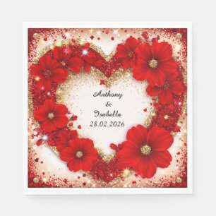 🌸 Herz Rot Florales Monogramm Name Verlobungsfeie Serviette