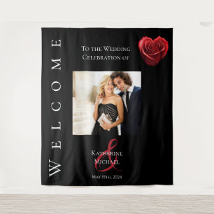 Herz-Rote Rose-Foto-Hochzeit- Wandteppich