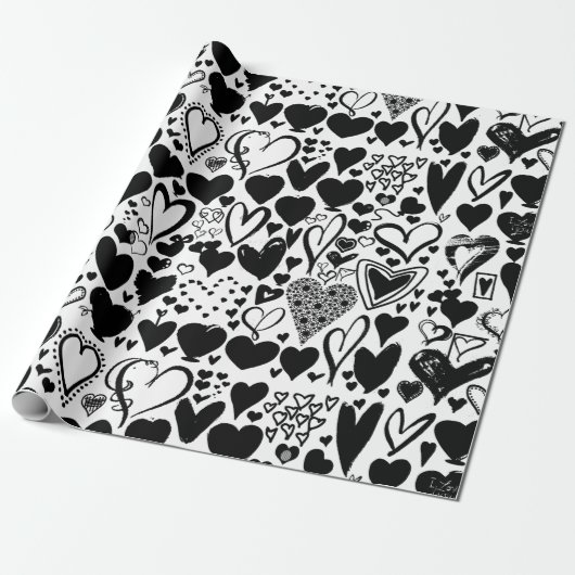 Herz-, Schwarz-, Schwarz- und Weiß-Muster Geschenkpapier (Ungerollt)