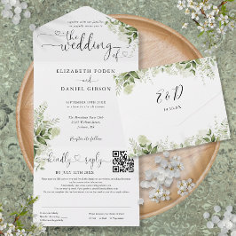 Herz Script Greenery Floral QR Code Wedding All In One Einladung