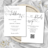 Herz-Script Schwarz-Weiß QR Code Hochzeit Einladung