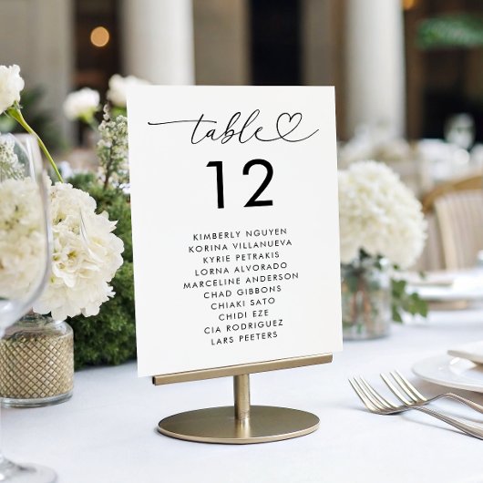 Herz-Script-Sittscharakter Namen Minimale Hochzeit Tischnummer