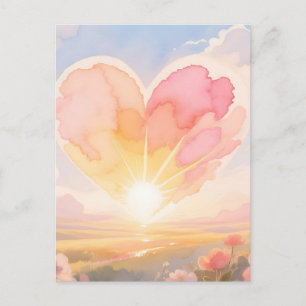 Herz Sonnenaufgang Aquarell-Landschaft Postkarte