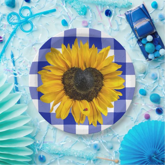 Herz Sonnenblume Ladybug auf Buffalo Kariert Pappteller (Party)