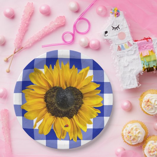 Herz Sonnenblume Ladybug auf Buffalo Kariert Pappteller (Party)