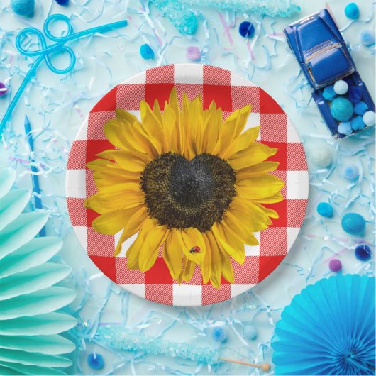 Herz Sonnenblume Ladybug auf Buffalo Kariert Pappteller (Party)