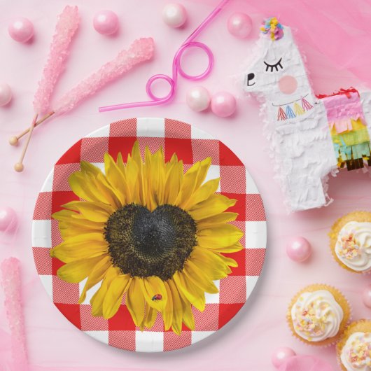 Herz Sonnenblume Ladybug auf Buffalo Kariert Pappteller (Party)