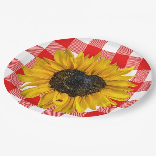 Herz Sonnenblume Ladybug auf Buffalo Kariert Pappteller (Schrägansicht)