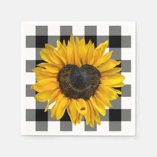 Herz Sonnenblume Ladybug auf Buffalo Kariert Serviette (Vorderseite)