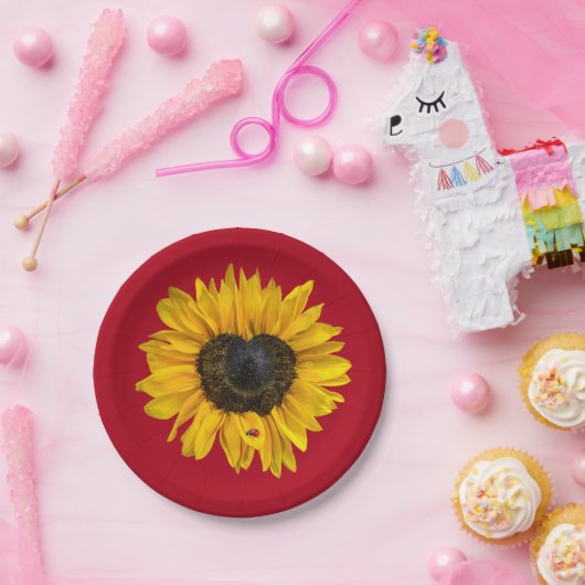 Herz Sonnenblume mit Ladybug On Red Pappteller (Party)