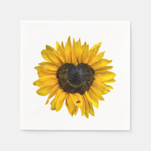 Herz-Sonnenblume und Marienkäfer auf Weiß Serviette