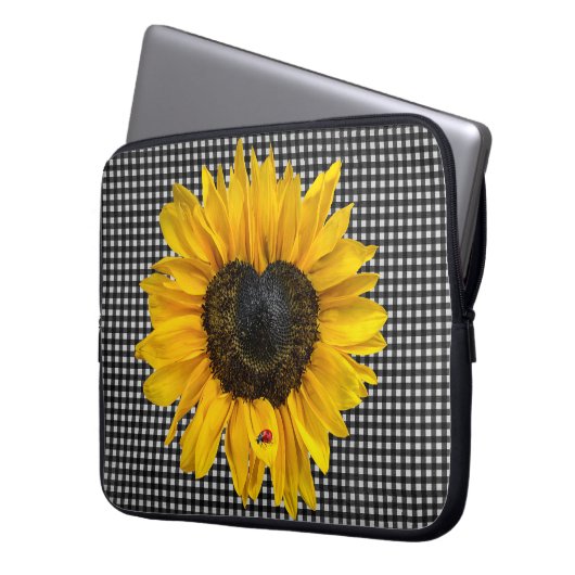 Herz Sonnenblumen und Ladybug auf Gingham Laptopschutzhülle (Vorderseite Links)