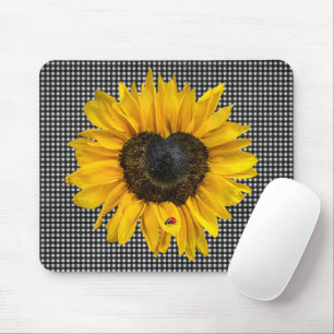 Herz Sonnenblumen und Ladybug auf Gingham Mousepad