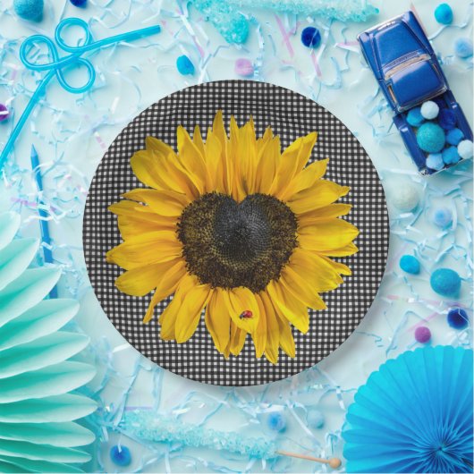 Herz Sonnenblumen und Ladybug auf Gingham Pappteller (Party)