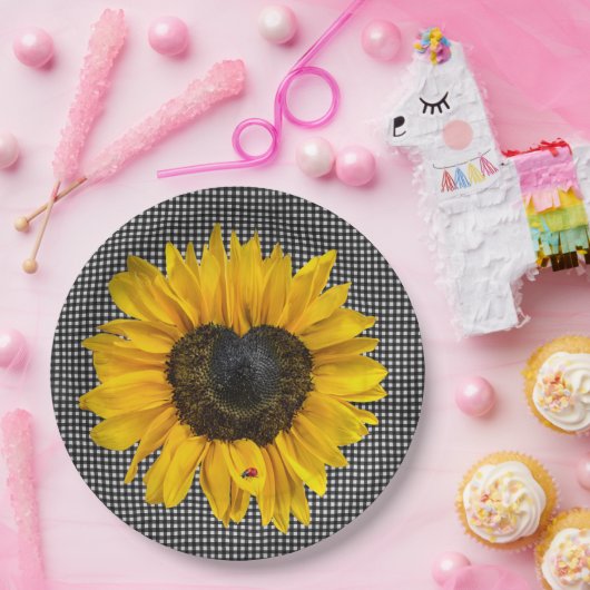 Herz Sonnenblumen und Ladybug auf Gingham Pappteller (Party)