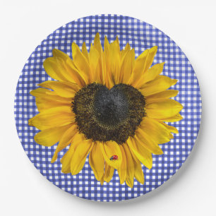 Herz Sonnenblumen und Ladybug auf Gingham Pappteller