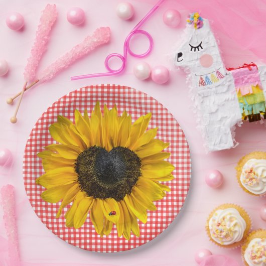Herz Sonnenblumen und Ladybug auf Gingham Pappteller (Party)