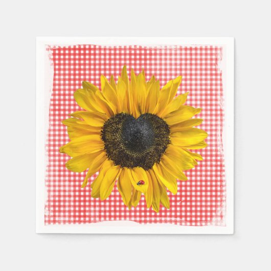 Herz Sonnenblumen und Ladybug auf Gingham Serviette (Vorderseite)